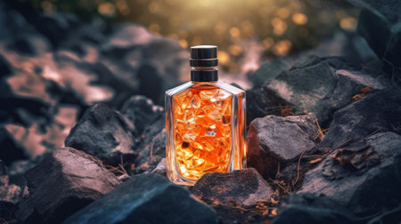 Glass bottle of orange perfume on black stone surface. Generative AIの素材
