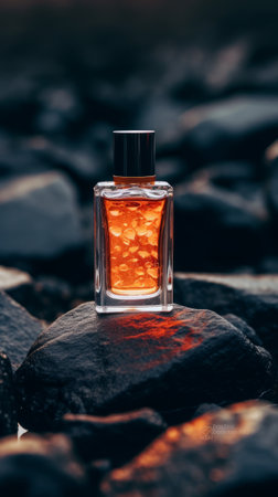 Glass bottle of orange perfume on black stone surface. Generative AIの素材