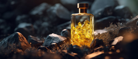 Glass bottle of yellow perfume on black stone surface. Generative AIの素材