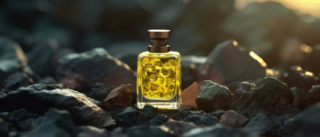 Glass bottle of yellow perfume on black stone surface. Generative AIの素材