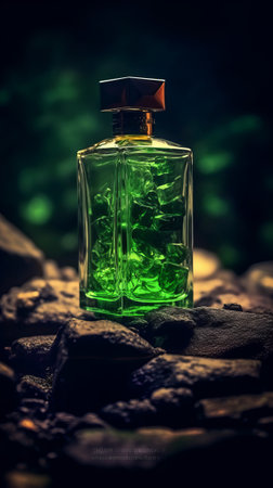 Glass bottle of green perfume on black stone surface. Generative AIの素材
