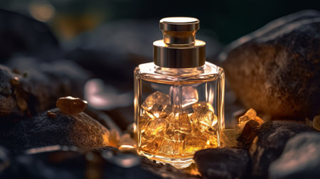 Glass bottle of gold perfume on black stone surface. Generative AIの素材