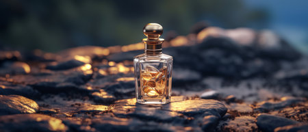 Glass bottle of gold perfume on black stone surface. Generative AIの素材