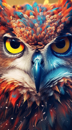 Abstract portrait of an owl with colorful paint. Generative AIの素材