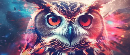 Abstract portrait of an owl with colorful paint. Generative AIの素材