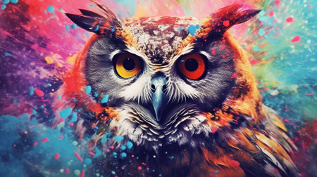 Abstract portrait of an owl with colorful paint. Generative AIの素材