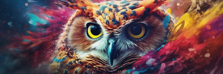 Abstract portrait of an owl with colorful paint. Generative AIの素材