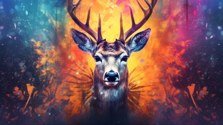 Abstract portrait of an deer with colorful paint. Generative AIの素材