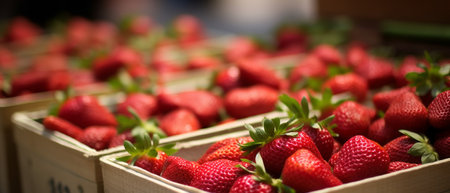 Baskets of ripe strawberries at the farmers market. Bright colors and lots of delicious strawberries. Generative AIの素材
