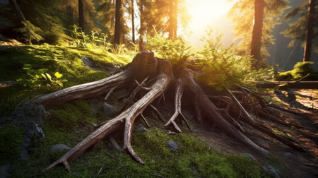 Tree is firmly held by its roots in a dense forest at sunrise. Beauty and tranquility of nature. Generative AIの素材