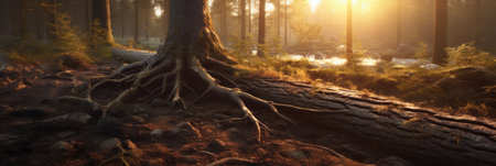 Tree is firmly held by its roots in a dense forest at sunrise. Beauty and tranquility of nature. Generative AIの素材