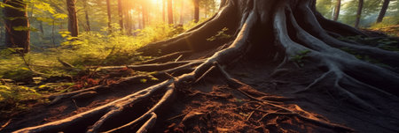 Tree is firmly held by its roots in a dense forest at sunrise. Beauty and tranquility of nature. Generative AIの素材