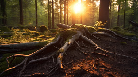 Tree is firmly held by its roots in a dense forest at sunrise. Beauty and tranquility of nature. Generative AIの素材
