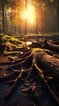 Tree is firmly held by its roots in a dense forest at sunrise. Beauty and tranquility of nature. Generative AIの素材