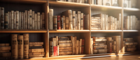 Fascinating background with books neatly arranged on wooden shelves. The warmth and charm of a cozy library. Generative AIの素材
