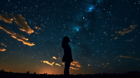 Silhouette of a girl looks at the starry sky. Generative AIの素材