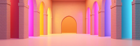 Decorative neon room with a tunnel. Generative AIの素材