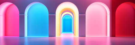 Decorative neon room with a tunnel. Generative AIの素材
