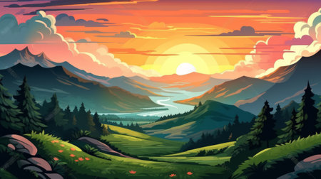 Illustration of dawn in the mountains. A picturesque view of the valley. Generative AIの素材