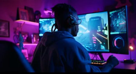 Young black gamer is immersed in computer games with bright neon lighting. Generative AIの素材