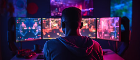 Young black gamer is immersed in computer games with bright neon lighting. Generative AIの素材