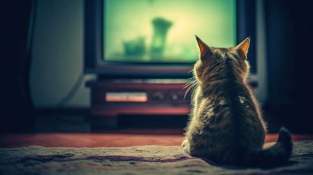 A cat is watching TV in a dark empty room. Generative AIの素材