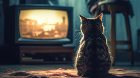 A cat is watching TV in a dark empty room. Generative AIの素材