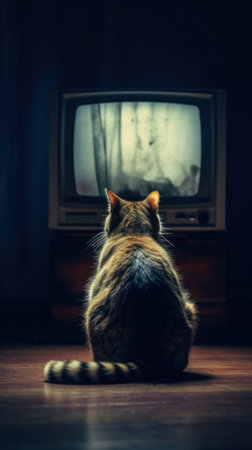A cat is watching TV in a dark empty room. Generative AIの素材