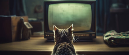 A cat is watching TV in a dark empty room. Generative AIの素材