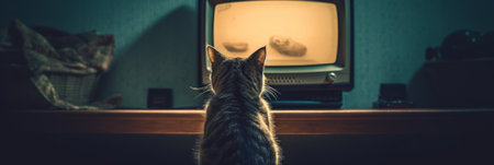 A cat is watching TV in a dark empty room. Generative AIの素材