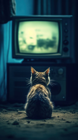 A cat is watching TV in a dark empty room. Generative AIの素材