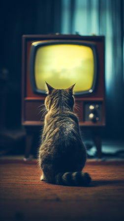 A cat is watching TV in a dark empty room. Generative AIの素材