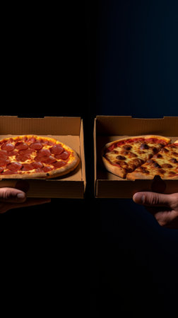 Hands holding a pizza box. Pizza is ready for delivery. Generative AIの素材