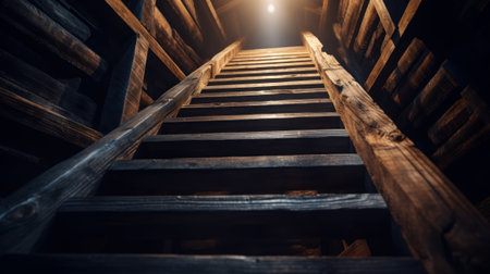 Steep wooden staircase leads into the unknown with a sense of mystery and limitless possibilities. Generative AIの素材