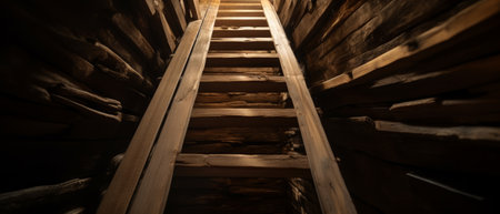 Steep wooden staircase leads into the unknown with a sense of mystery and limitless possibilities. Generative AIの素材