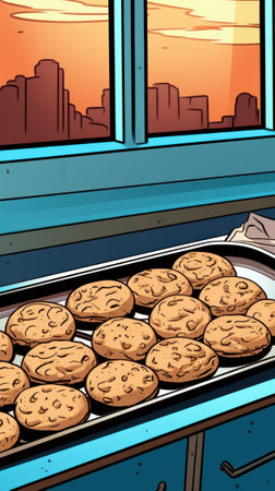 A tray of freshly baked chocolate chip cookies in comic book style. Generative AIの素材