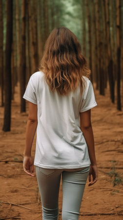 Mockup of a woman walking in the forest. Generative AIの素材