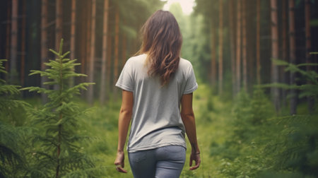 Mockup of a woman walking in the forest. Generative AIの素材