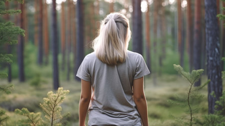 Mockup of a woman walking in the forest. Generative AIの素材