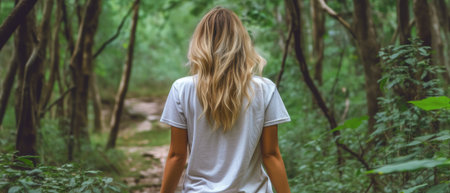 Mockup of a woman walking in the forest. Generative AIの素材