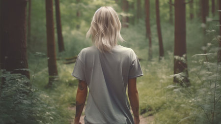Mockup of a woman walking in the forest. Generative AIの素材