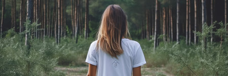 Mockup of a woman walking in the forest. Generative AIの素材