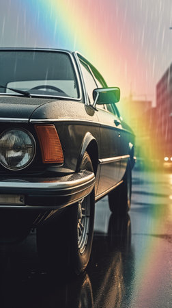 A bright rainbow over a classic vintage car. Generative AIの素材