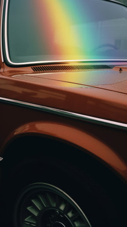 A bright rainbow over a classic vintage car. Generative AIの素材