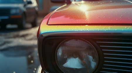 A bright rainbow over a classic vintage car. Generative AIの素材
