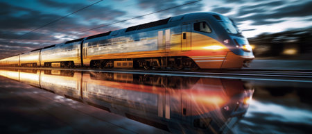 A high-speed train is rushing along the tracks. Generative AIの素材