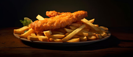 Delicious French fries and deep-fried fish. Golden and crispy fish battered and perfectly fried. Generative AIの素材