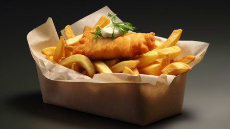 Delicious French fries and deep-fried fish. Golden and crispy fish battered and perfectly fried. Generative AIの素材
