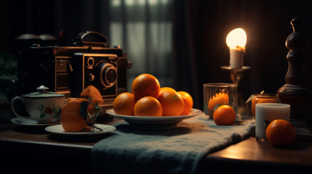 Fresh and juicy oranges on the table with camera. Feeling of freshness and juiciness. Generative AIの素材