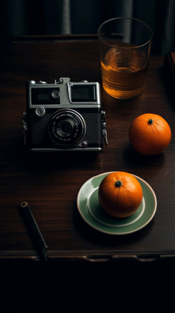Fresh and juicy oranges on the table with camera. Feeling of freshness and juiciness. Generative AIの素材
